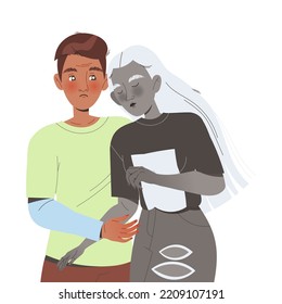 Young Man Character Supporting and Comforting Sad Friend with Problem Vector Illustration