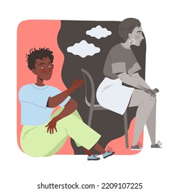 Personaje de joven que apoya y conforma a una mujer triste con ilustración de vector problemático