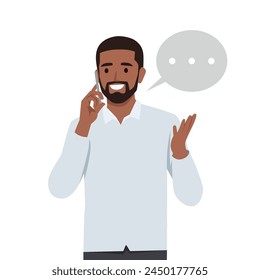 Young man character talking on mobile phone. Flat vector illustration isolated on white background
