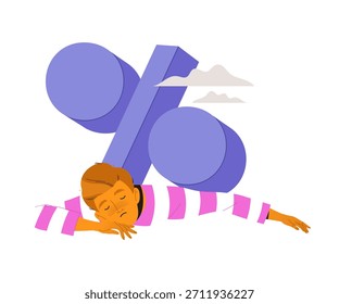 Young Man Character Under Heavy Percentage Sign Feeling Tired with His Burden Vector Illustration