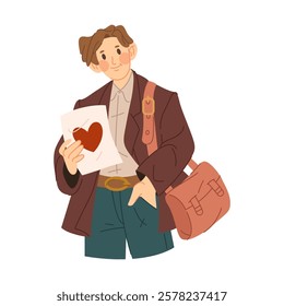 Young man character with valentine card in hand. Vector image or clipart. Man holds a postcard with a confession of love. Romantic festive gift or present for girlfriend. Valentines day greeting.