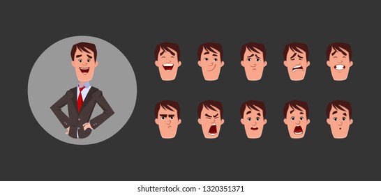 Young man character with various facial emotions and lip sync. Character for custom animation.