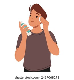 Young Man Character Vigorously Cleanses His Face With Refreshing Tonic, The Cool Liquid Invigorating His Skin As He Wipes Away The Day Fatigue And Impurities. Cartoon People Vector Illustration