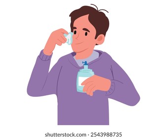 El Carácter De Hombre Joven Limpia Vigorosamente Su Cara Con Tónico Refrescante, El Líquido Fresco Que Vigoriza Su Piel Mientras Limpia La Fatiga Del Día Y Las Impurezas. Ilustración vectorial de Personas de dibujos animados.