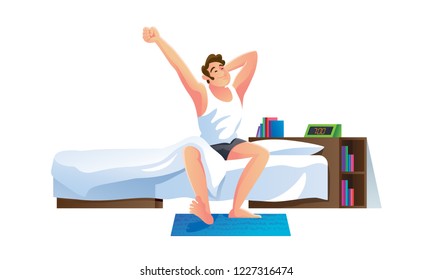 Young man character wakes after sleep up in home, is going to work. Start of good day, human activity. Man sitting on the edge of the bed, pulling his hands up. Illustration isolated in cartoon style.