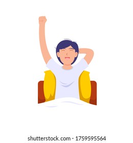 El personaje joven despierta después de dormir en casa, va a trabajar. Comienzo del buen día, actividad humana.  levantando las manos. Ilustración aislada en estilo de caricatura