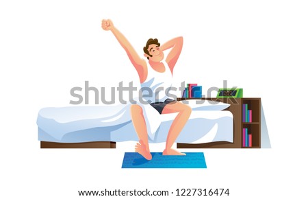Young man character wakes after sleep up in home, is going to work. Start of good day, human activity. Man sitting on the edge of the bed, pulling his hands up. Illustration isolated in cartoon style.