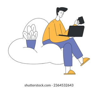 Young Man Character Working at Laptop Sitting on Cloud in the Sky Vector Illustration