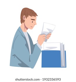 Young Man Character Working with Papers and Files Vector Illustration