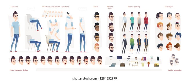 Young Man Character For Your Print, Web And Motion Design. Creation Kit. Set Of Flat Male Cartoon Character Body Parts, Hairstyles,  Facial Gestures, Hairstyles, Trendy Clothing, Rase
