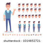 Young man character for your scenes. Character creation set with various views,  face emotions,  lip sync, poses and gestures. Separate Parts of body. Cartoon style, flat vector illustration.