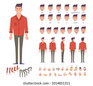 Young man character for your scenes. Character creation set with various views,  face emotions,  lip sync, poses and gestures. Separate Parts of body. Cartoon style, flat vector illustration.