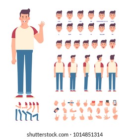 Young man character for your scenes. Character creation set with various views,  face emotions,  lip sync, poses and gestures. Separate Parts of body. Cartoon style, flat vector illustration.