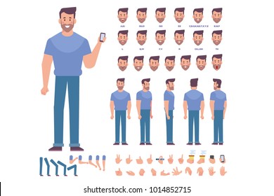 Young man character for your scenes. Character creation set with various views,  face emotions,  lip sync, poses and gestures. Separate Parts of body. Cartoon style, flat vector illustration.