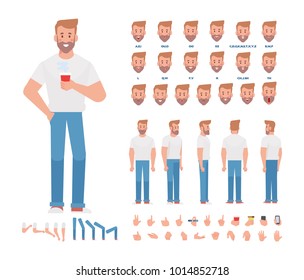 Young man character for your scenes. Character creation set with various views,  face emotions,  lip sync, poses and gestures. Separate Parts of body. Cartoon style, flat vector illustration.