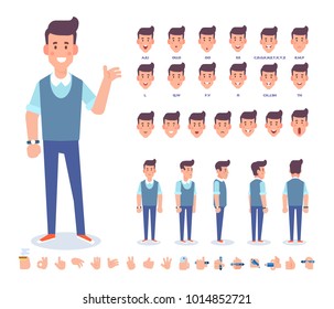 Young man character for your scenes. Character creation set with various views,  face emotions,  lip sync, poses and gestures. Separate Parts of body. Cartoon style, flat vector illustration.