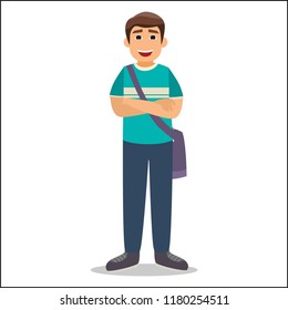Young man character for your scenes. Character creation set with various views, face emotions, lip sync, poses and gestures. Separate Parts of body. Cartoon style, flat vector illustration.