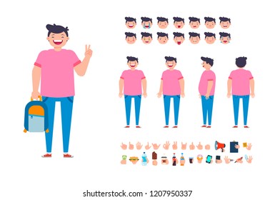 Young man character for your scenes. Character creation set with various views, face emotions, poses and gestures. Separate hands with accesories. Cartoon style, flat vector illustration.