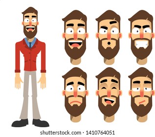 Young man character for your scenes. Character creation set with various face emotions. Separate Parts of body. Cartoon style, flat vector illustration