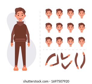 Young man character for your scenes. Character creation set with face emotions, lip sync, poses and gestures. Separate Parts of body. Cartoon style, flat vector illustration.