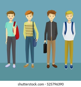 Young Man Characters with Various Poses Carrying a Bag.Male Students  Icon Vector with Bag.