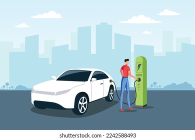 Young man charging his electric car at the charging station. Vector Eps 10 file.