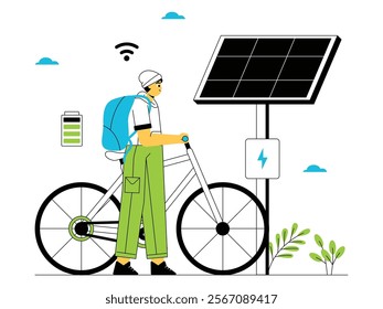 Young man charging his electric bike at an electric station directly connected to a solar panel, green energy vector illustration.