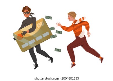 Young Man Chasing Cybercriminal Escaping with His Credit Card Vector Illustration