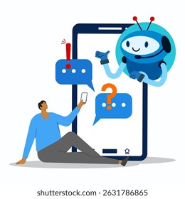 Young man chatting with AI robot chat bot mobile application on smartphone. Chatbot concept. AI assistant support for asking questions or receiving answer.