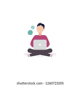 Young man chatting in messengers on a laptop. Male character sitting with computer on white background. Flat design vector illustration.