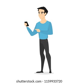 Young man chatting on the mobile phone. Young businessman talking to employees using cellphone. Isolated vector illustration in cartoon style