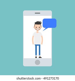 Young man chatting on the smart phone's screen concept / Editable flat vector illustration