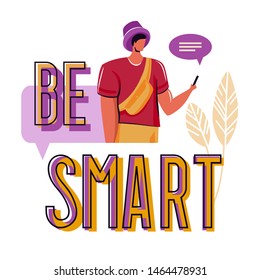 Young man chatting on social media network with friends.Surrounded by message bubble,boy addicted internet and digital gadgets.Concept banner with text.Vector illustration flat cartoon character.