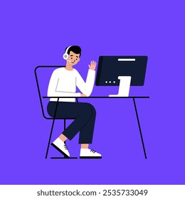 Hombre joven charlando sentado en la silla en el Vector de la computadora de escritorio EPS ilustración