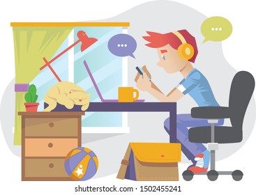 Young Man Chatting With Smartphone Inside His Room