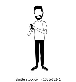 Young man chatting with smartphone on black and white colors