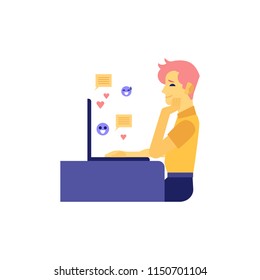 Young man chatting while sitting at table with laptop isolated on white background. Smiling boy talking on internet and getting nice messages and hearts in flat vector illustration.