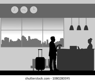 A young man check in or check out at the hotel reception, one in the series of similar images silhouette