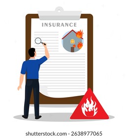 Young man checking document of house firing insurance. Concept of fire insurance police, Real estate damage coverage, fire workplace inspection.