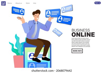 Joven revisando el correo electrónico. Comunicación empresarial, Internet y concepto de tecnología. Nuevos iconos de mensajes en la pantalla del teléfono móvil. Smartphone moderno con usuarios comunicándose y hablando burbujas. vector.