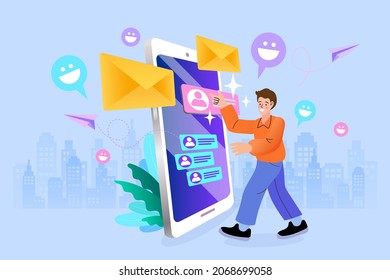 Junge Leute checken E-Mail auf dem Computer. Lesen von E-Mails auf dem Bildschirm-Desktop. Business Communication, Internet und Technologiekonzept. Neue Nachrichtensymbole auf dem Handybildschirm. Vektorgrafik.