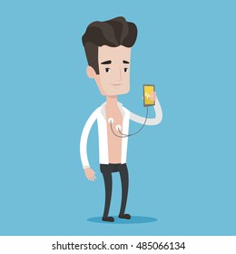 Joven revisando su presión sanguínea con aplicación para smartphones. Hombre cuidando su salud mientras mide el pulso del corazón con la aplicación para smartphone. Ilustración de diseño plana vectorial. Diseño cuadrado.