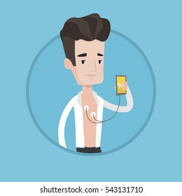 Young man checking his blood pressure with smartphone application. Caucasian man measuring heart rate pulse with smartphone app. Vector flat design illustration in the circle isolated on background.