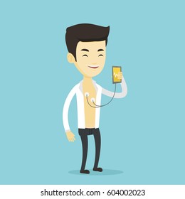 Young man checking his blood pressure with smartphone application. Man taking care of his health and measuring heart rate pulse with smartphone app. Vector flat design illustration. Square layout.