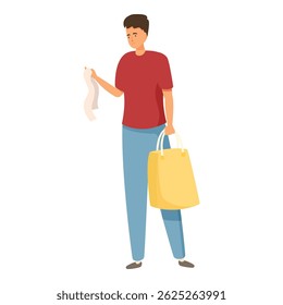Young man is checking his shopping list after buying groceries at the supermarket