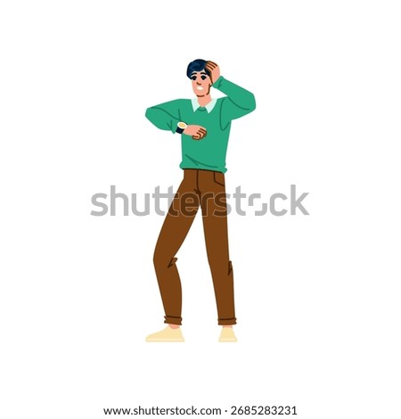 Young man checking his wristwatch, realizing he is running late for an important appointment. Feeling stressed and anxious about the potential consequences of his delay