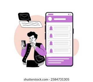 Young man checking notifications on smartphone with large screen interface, message bubbles, and icons, in a modern digital communication concept