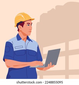 young man is checking the stock of goods in the warehouse with a laptop