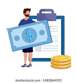 young man with checklist and money