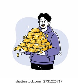 Young man cheerfully holding a large pyramid stack of valuable gold bars and coins.